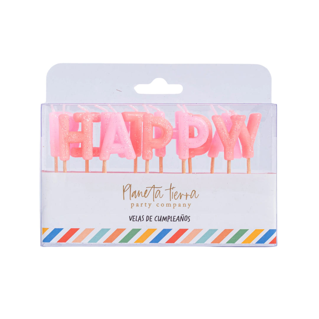 Velas de Happy Birthday Pink Glitter