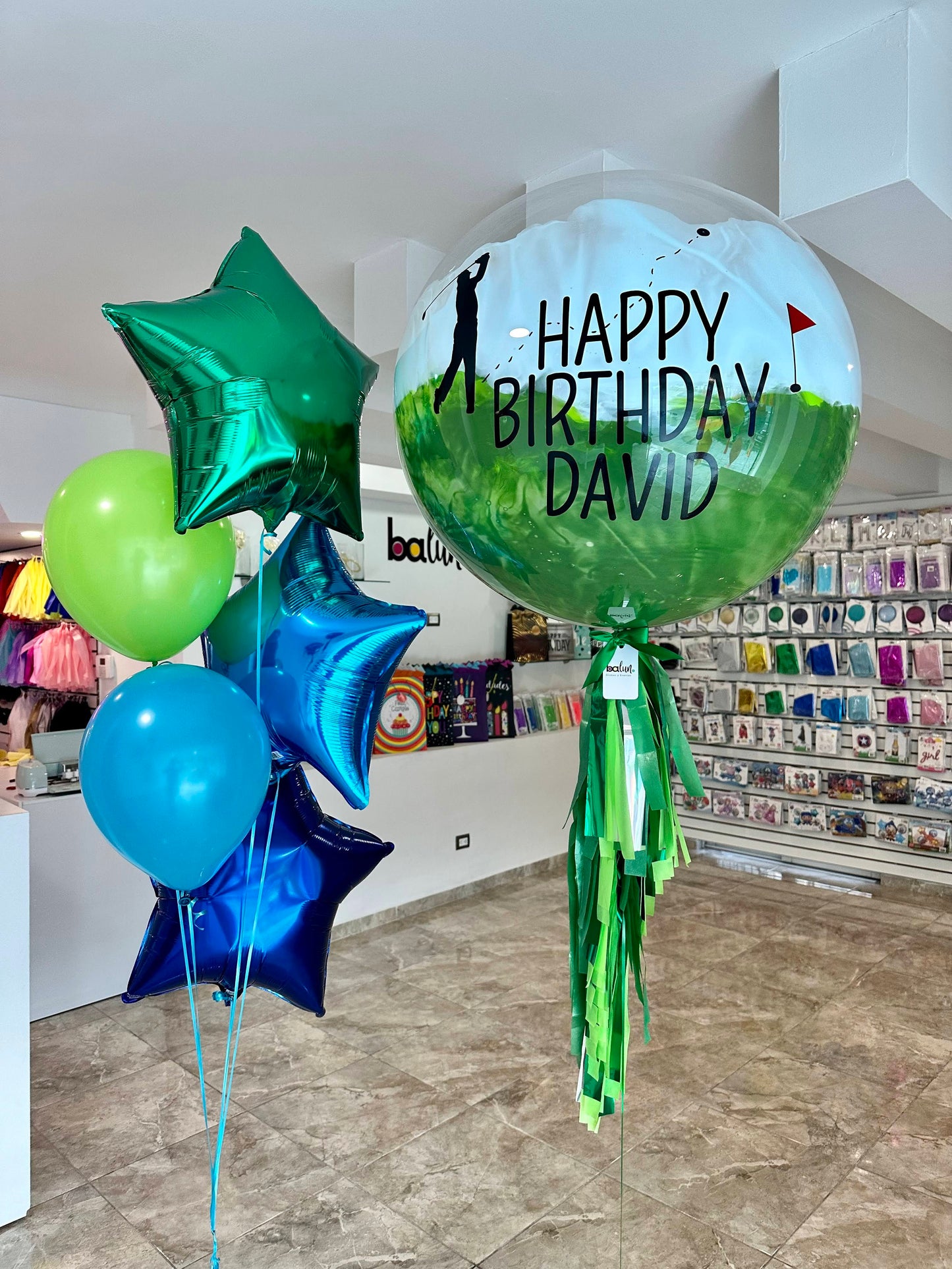 Globo Burbuja Golf Theme + 2 Globos Látex + 3 Estrellas Metálicas