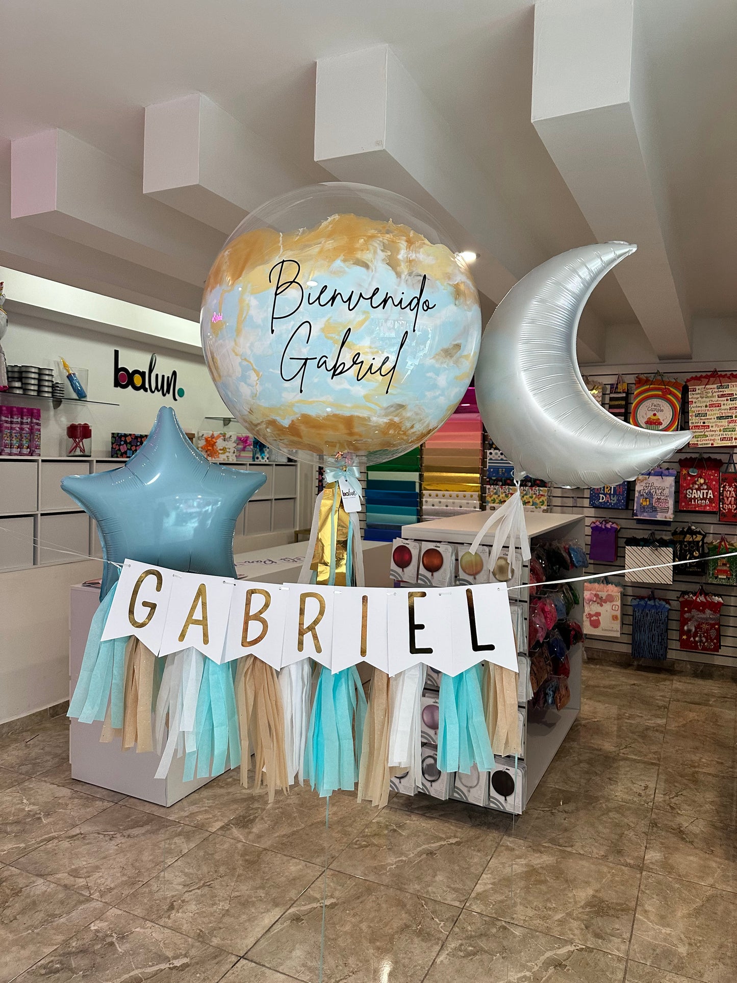 Globo Burbuja + 1 Estrella +1 Luna + Banner Personalizado