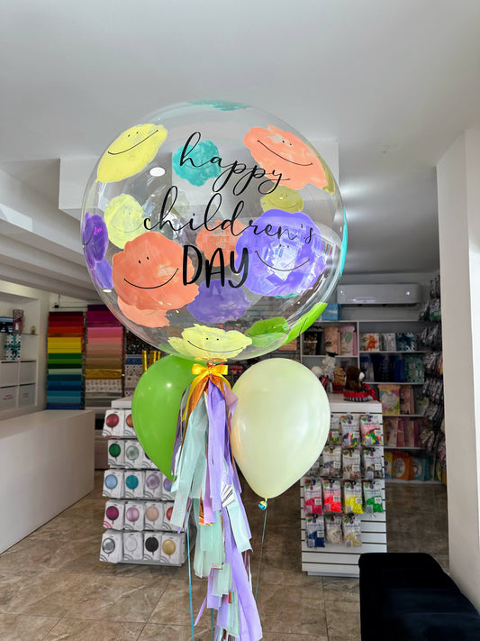 Globo Burbuja Smiley Faces + 2 Globos Látex