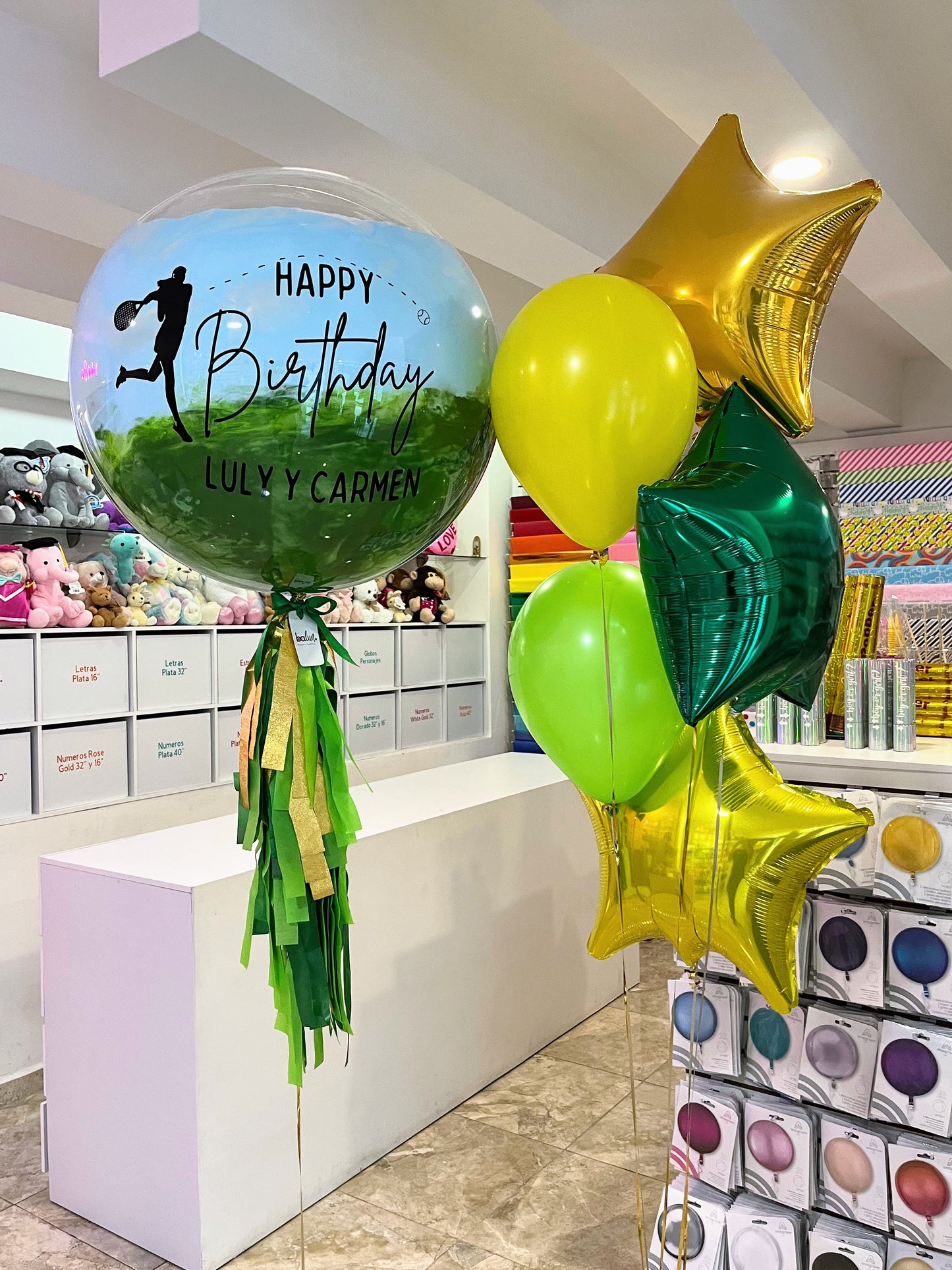 Globo Burbuja Pádel Theme + 2 Globos Látex + 3 Estrellas Metálicas