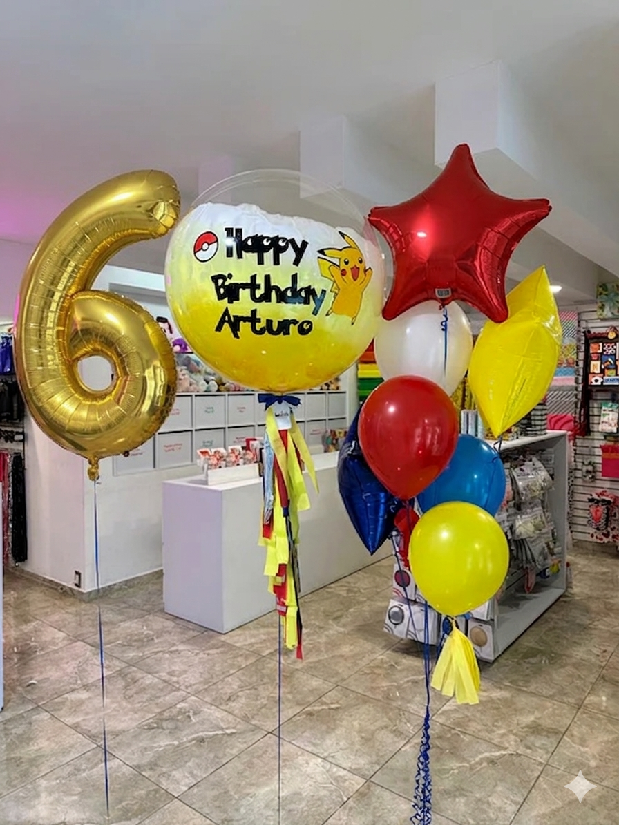 Globo Burbuja Pikachú + Número Jumbo + 1 Ramillete de Estrellas y Globos Látex