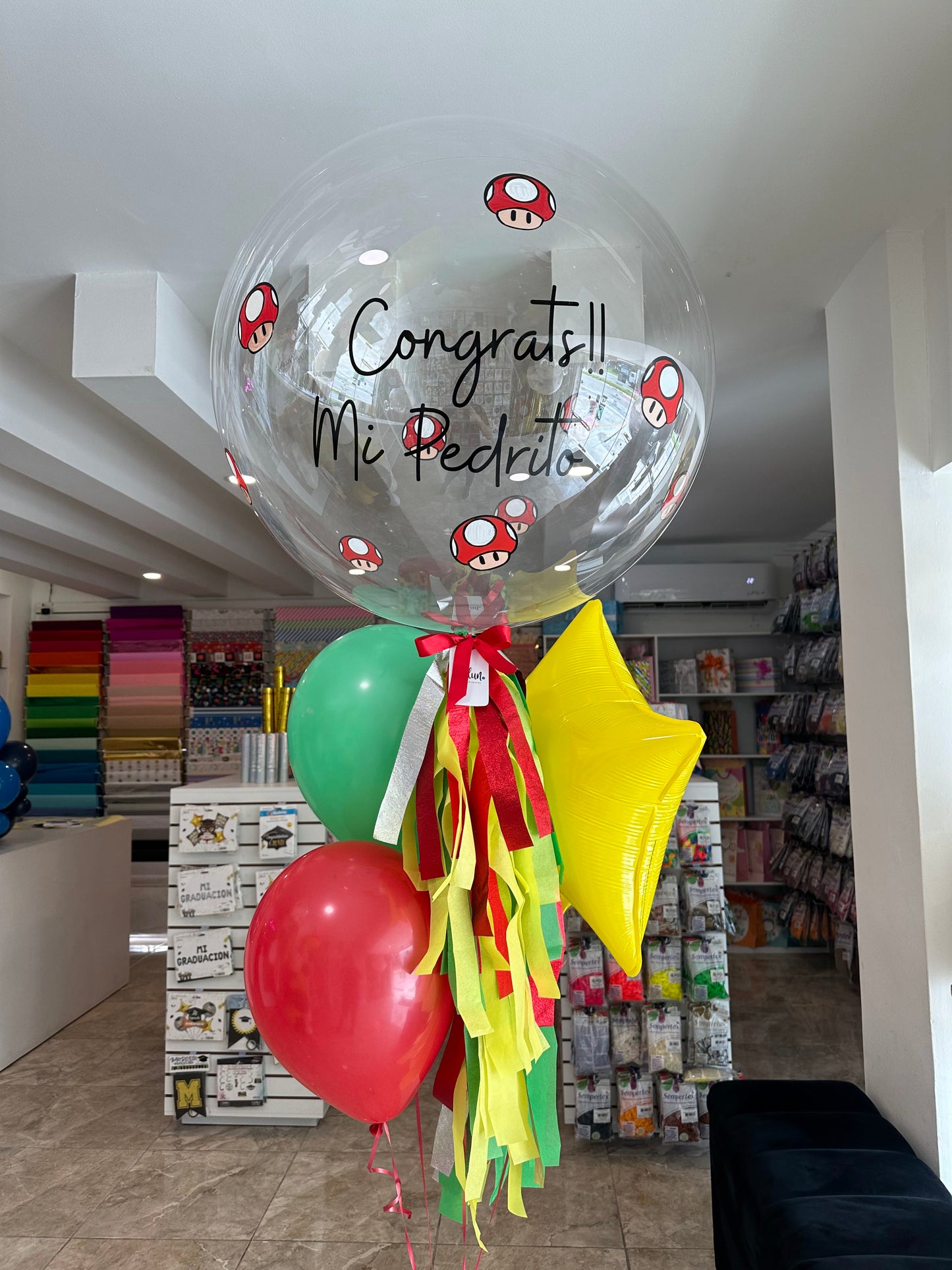 Globo Burbuja Champiñon Mario Bros + 2 Globos Látex + 1 Estrella Metálica