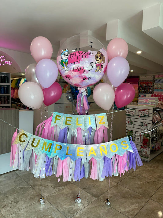 Globo Burbuja Paw Patrol + 2 Ramilletes de Globos Látex + Banner