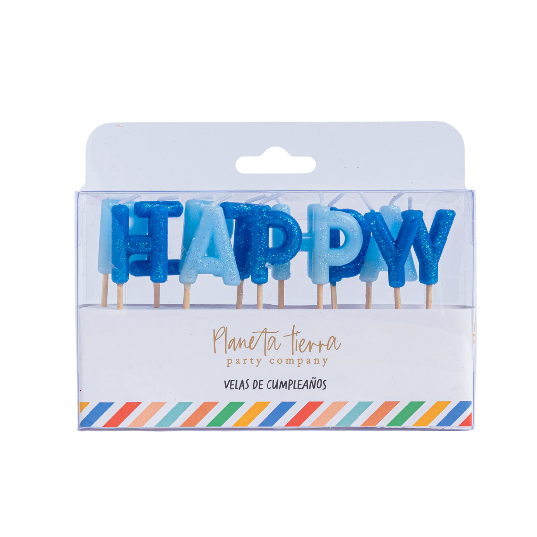 Velas de Happy Birthday Blue Glitter