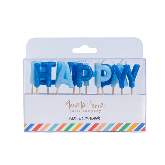 Velas de Happy Birthday Blue Glitter