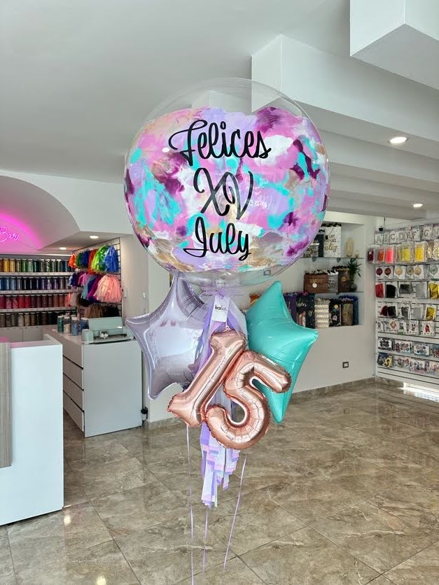 Globo Burbuja + 2 Estrellas Metálicas + Número Chico