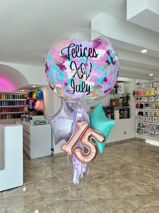 Globo Burbuja + 2 Estrellas Metálicas + Número Chico