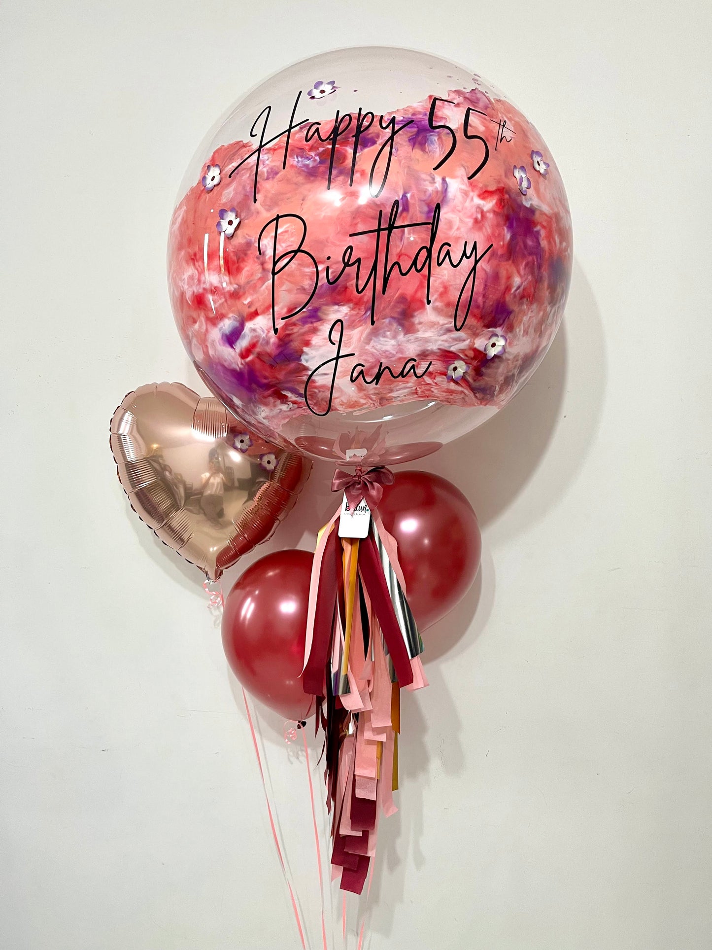 Globo Burbuja con Florecitas + 1 Corazón + 2 Globos Látex
