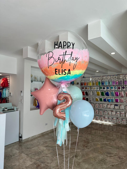 Globo Burbuja + 2 Globos Látex + 1 Estrella Metálica + Número Chico
