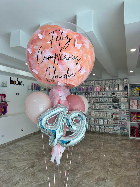 Globo Burbuja + 5 Globos Látex + Número Chico + Mariposas
