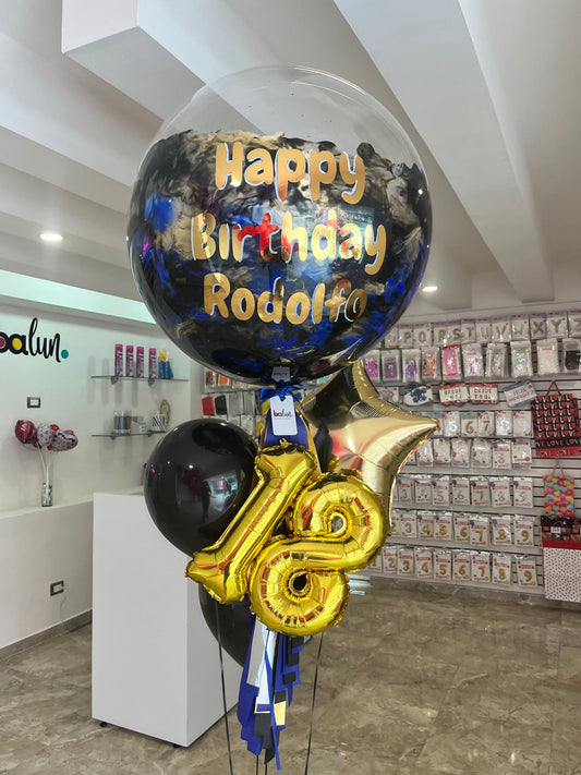 Globo Burbuja + 2 Globos Látex + 1 Estrella Metálica + Número Chico