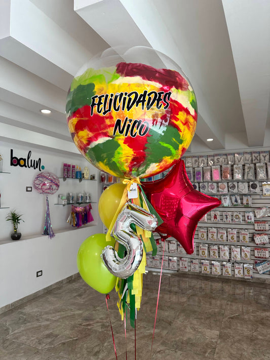 Globo Burbuja + 2 Globos Látex + 1 Estrella Metálica + Número Chico
