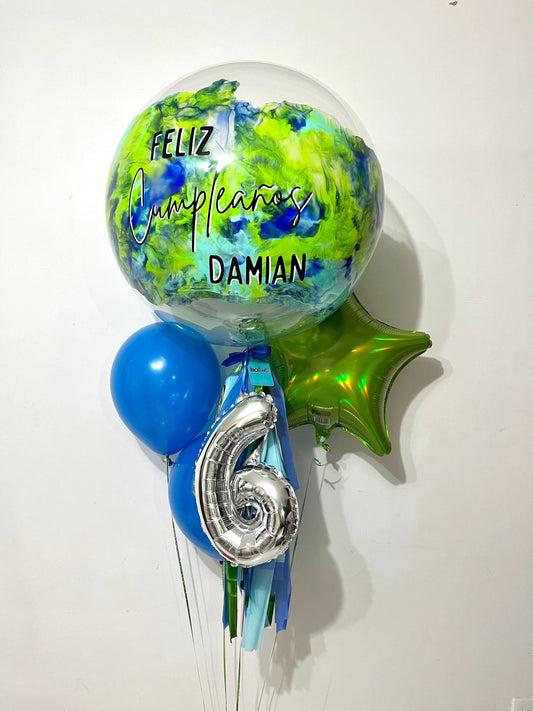 Globo Burbuja + 2 Globos Látex + 1 Estrella Metálica + Número Chico