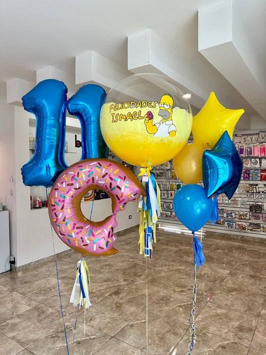 Globo Burbuja Simpson + 1 Dona + Número Jumbo + 1 Ramillete de Estrellas y Globos Látex