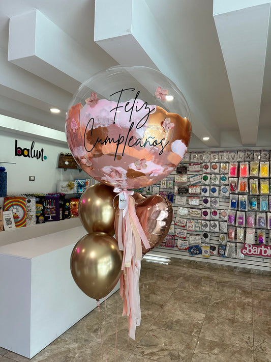 Globo Burbuja con Florecitas + 1 Corazón + 2 Globos Látex