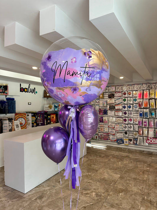 Globo Burbuja con Florecitas + 1 Corazón + 2 Globos Látex