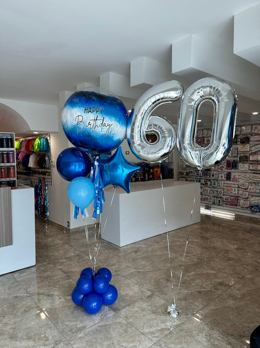 Globo Burbuja + Número Jumbo + 1 Orbz Chico + 1 Estrella Metálica + 2 Globos Látex
