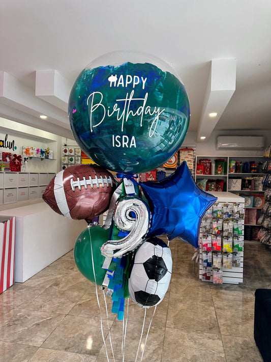 Globo Burbuja + 1 Balón de Fútbol + 1 Balón de Americano + 2 Globos Látex + 1 Estrella