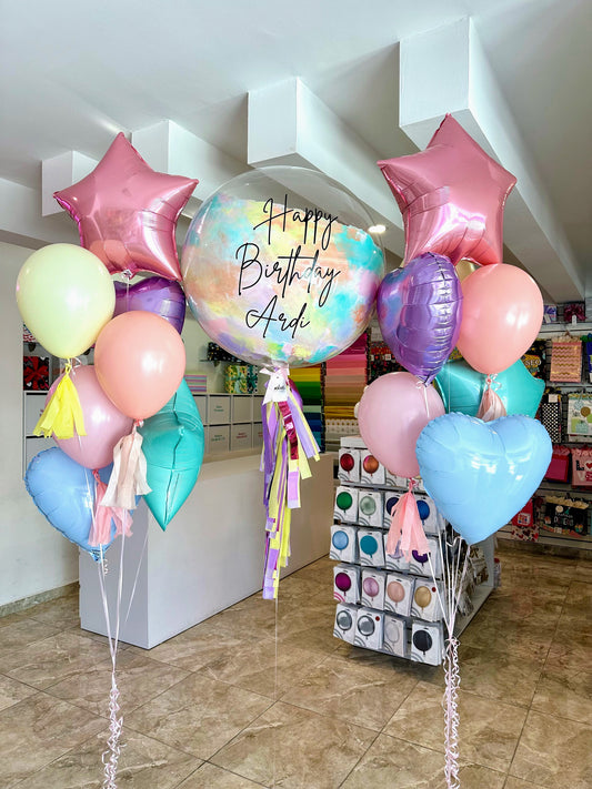 Globo Burbuja + 2 Ramilletes de Estrellas, Látex y Corazones