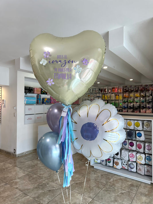 Corazón Jumbo + Florecitas + 2 Globos Látex + 1 Flor Margarita