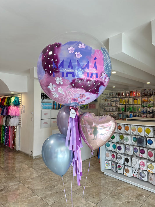 Globo Burbuja + Florecitas + 2 Globos Látex + 1 Corazón metálico