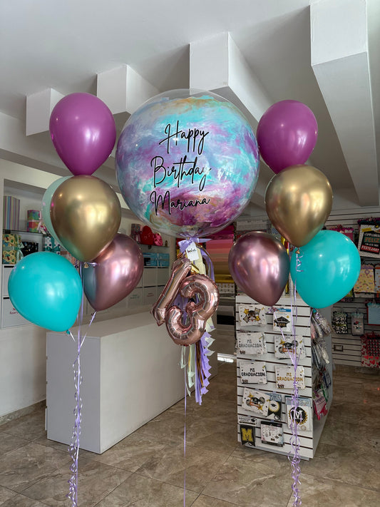 Globo Burbuja + Número Chico + 2 Ramillete de Globos Látex