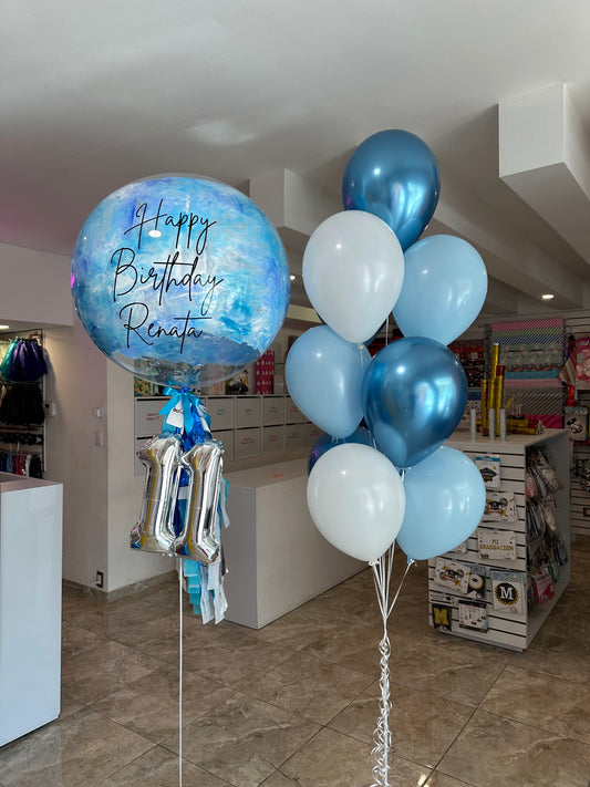 Globo Burbuja + Número Chico + 1 Ramillete de Globos Látex