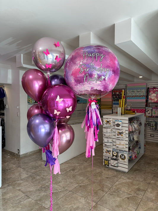 Globo Burbuja + Ramillete de Orbz y Globos Látex + Mariposas