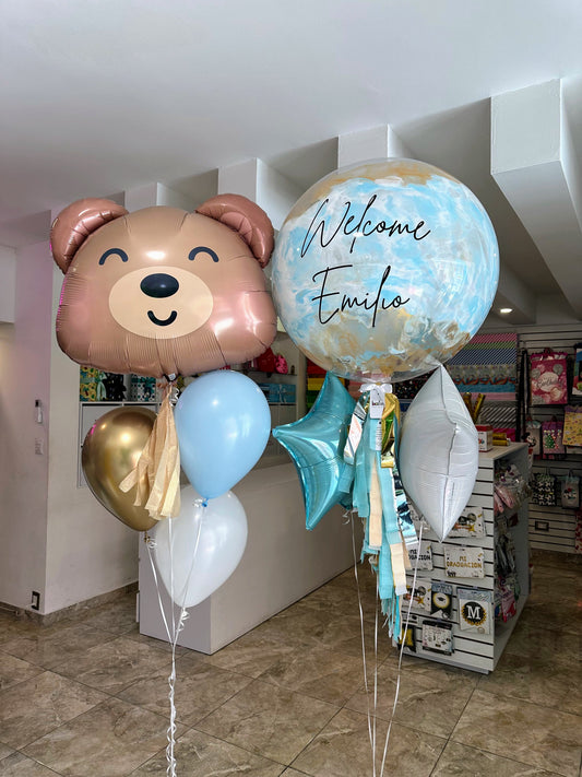 Globo Burbuja + 2 Estrellas + 1 Ramillete de Látex y Osito