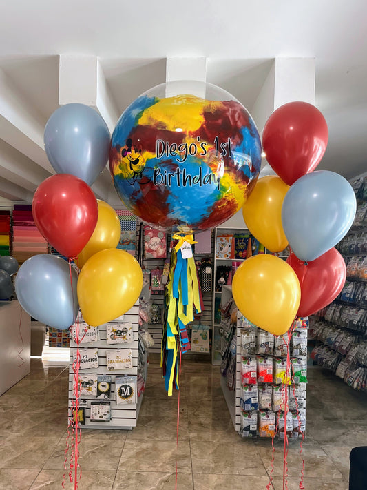 Globo Burbuja + 2 Ramilletes de Globos Látex