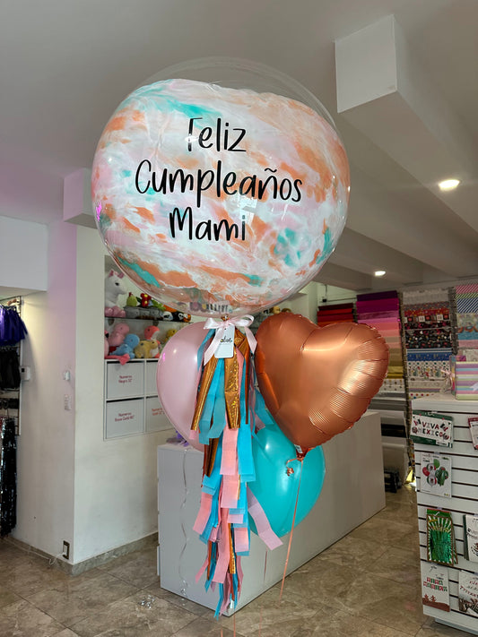 Globo Burbuja + 1 Corazón + 2 Globos Látex