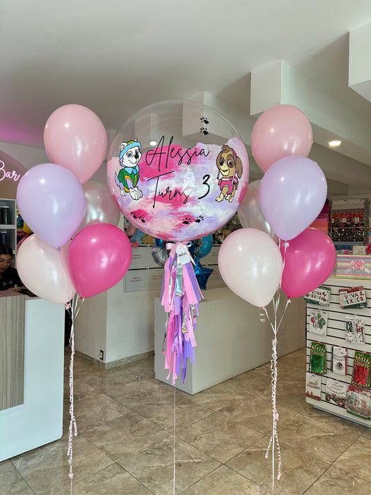 Globo Burbuja Paw Patrol + 2 Ramilletes de Globos Látex