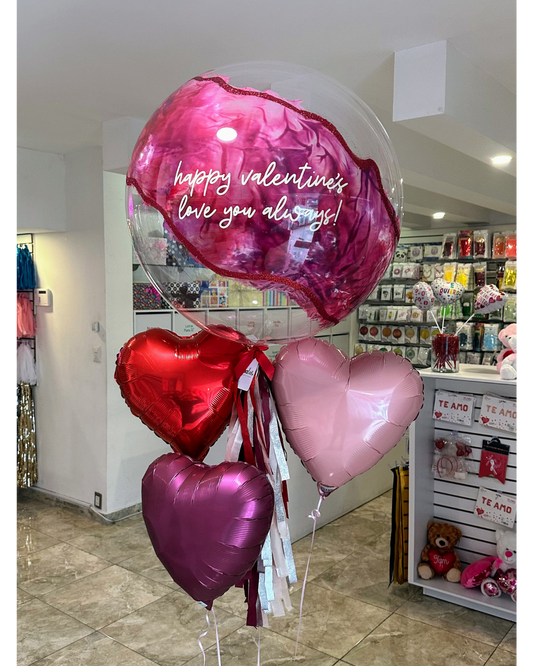 Globo Burbuja + Diamantina + 3 Corazones