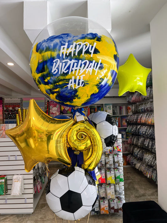 Globo Burbuja + Número Chico +2 Balon de Fútbol + 2 Globos Látex + 1 Estrella