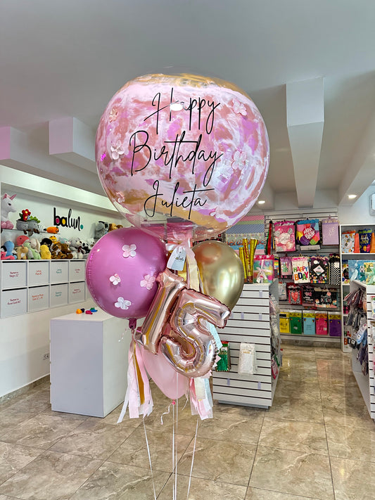 Globo Burbuja + 1 Orbz + 2 Globos Látex + Número Chico+ Florecitas