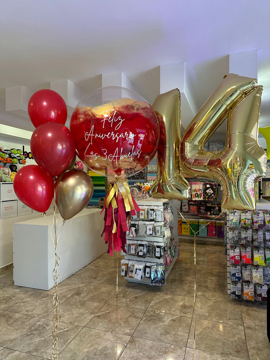 Globo Burbuja + Número Jumbo + 1 Ramillete de Globos Látex
