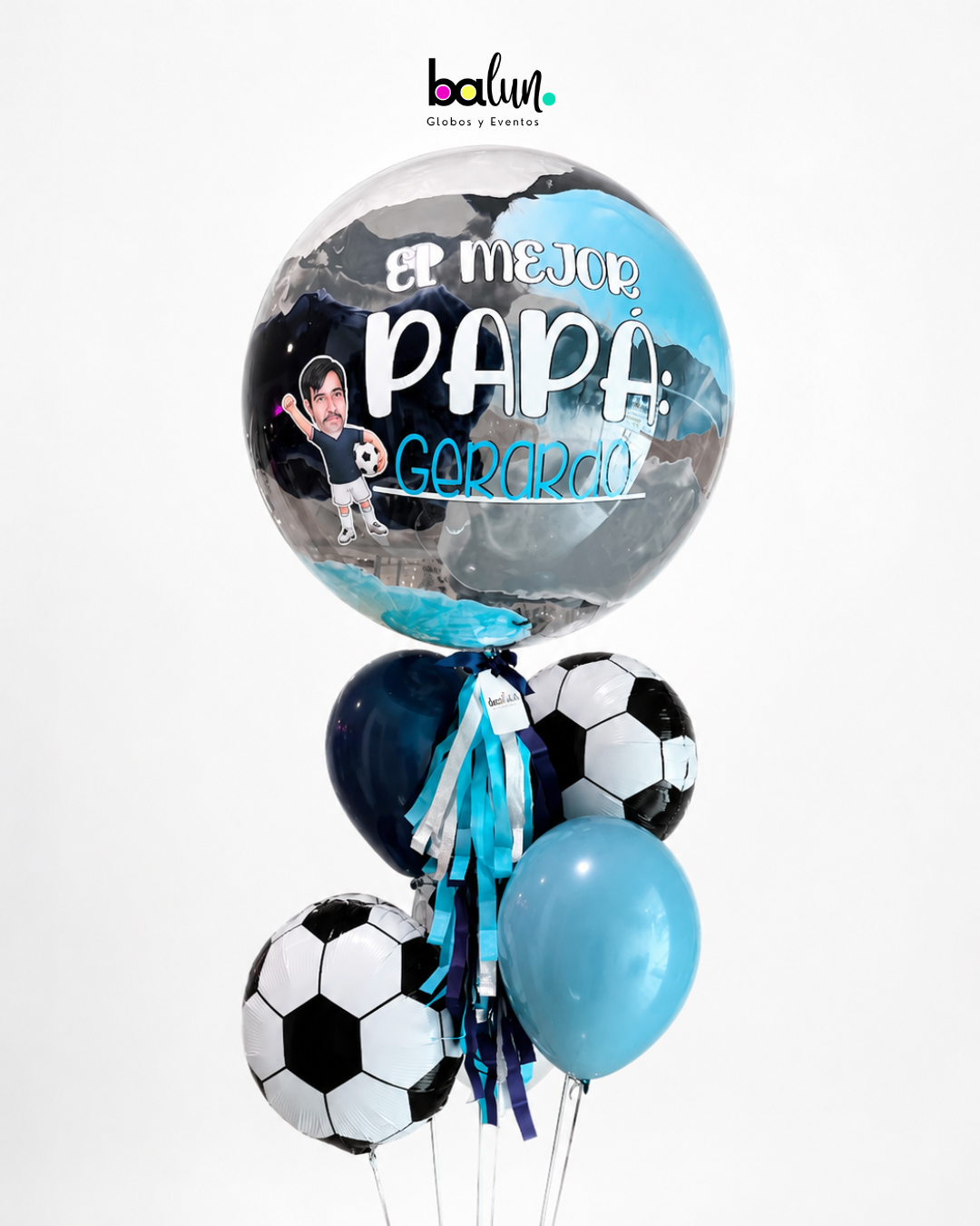 Globo Burbuja + 3 Globos Látex + 2 Pelotas de Soccer + Avatar de Soccer