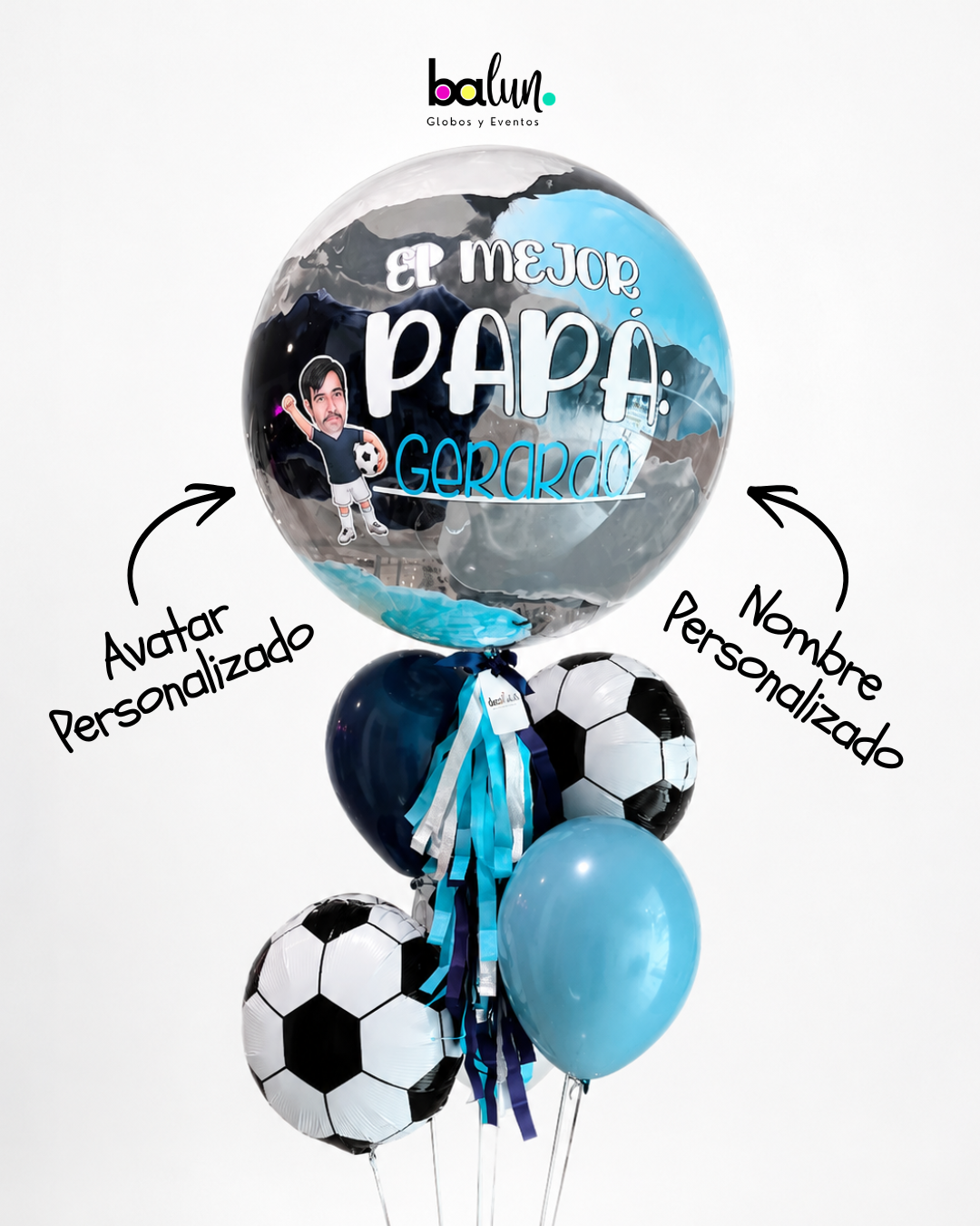 Globo Burbuja + 3 Globos Látex + 2 Pelotas de Soccer + Avatar de Soccer