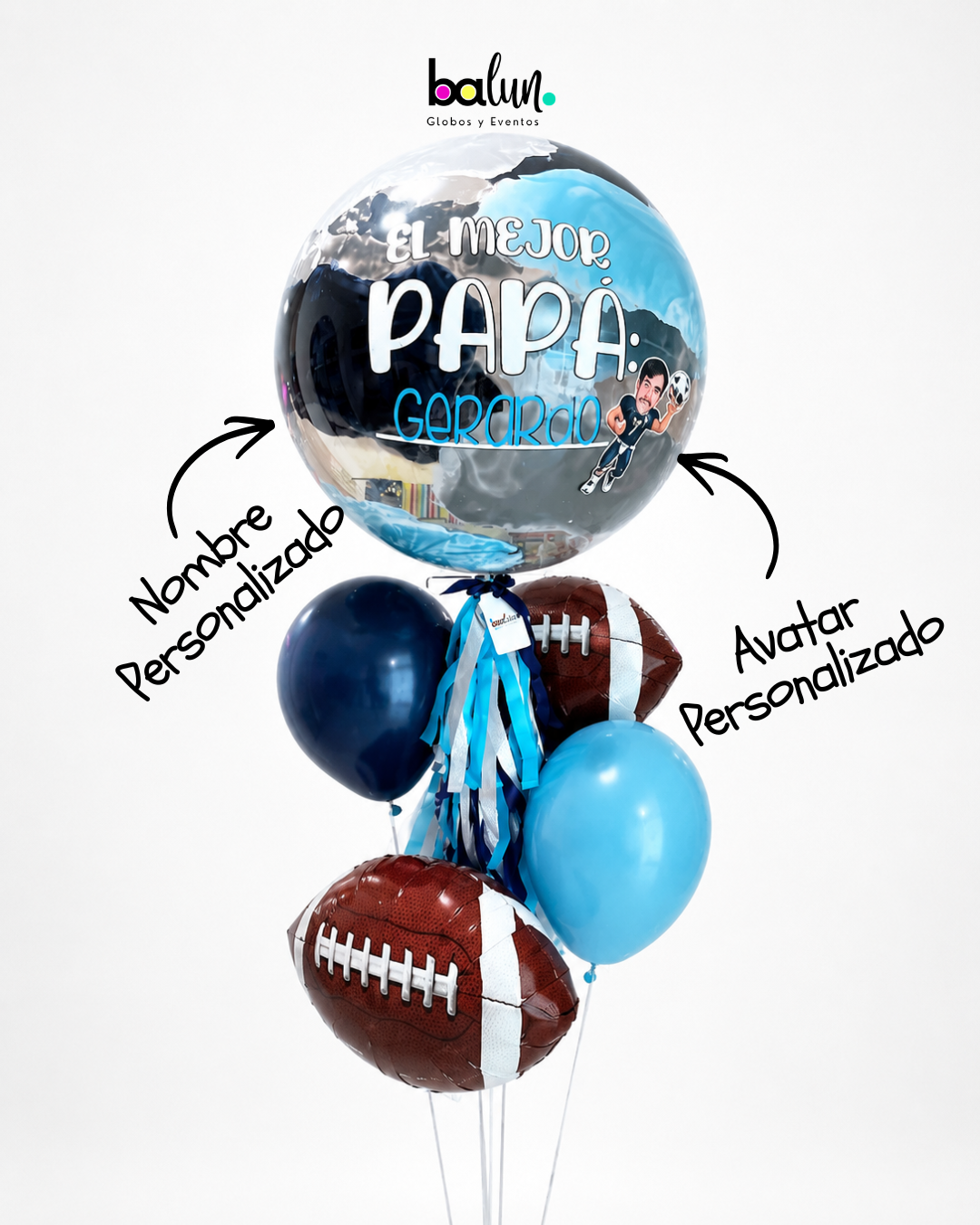 Globo Burbuja + 3 Globos Látex + 2 Pelotas de Fúbtol Americano + Avatar de Fútbol Americano
