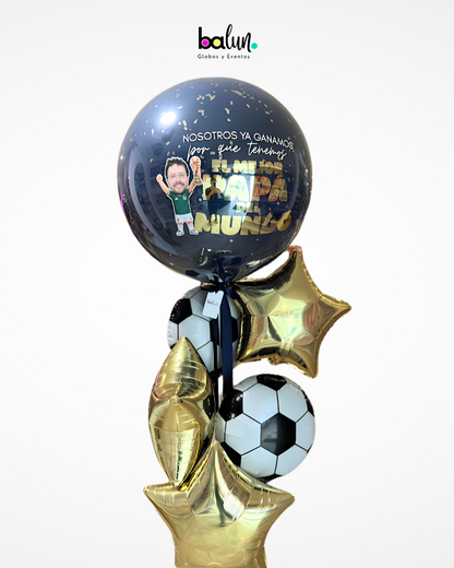 Globo Burbuja con Confetti + 3 Estrellas Metálicas + 2 Pelotas de Soccer + Avatar Copa del Mundo