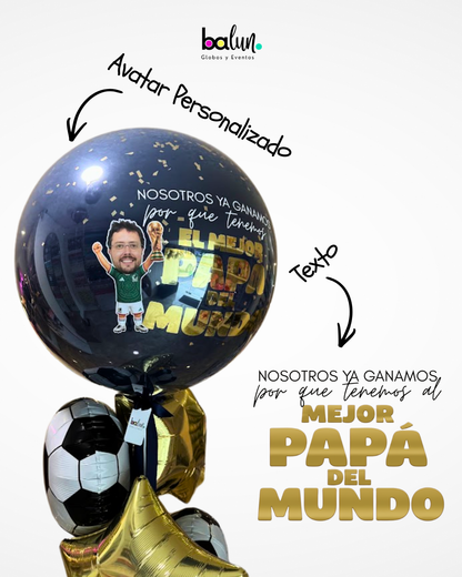 Globo Burbuja con Confetti + 3 Estrellas Metálicas + 2 Pelotas de Soccer + Avatar Copa del Mundo