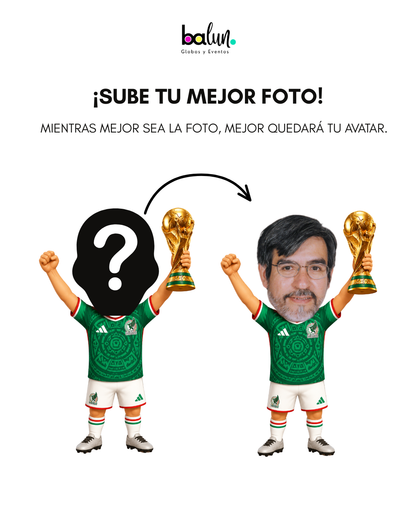 Globo Burbuja con Confetti + 3 Estrellas Metálicas + 2 Pelotas de Soccer + Avatar Copa del Mundo