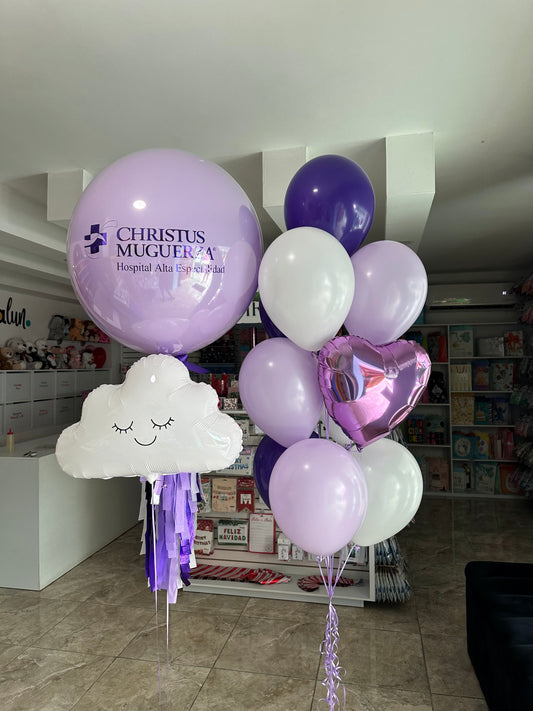 Globo Burbuja + 1 Corazon + 1 Nube + 9 Globos Látex