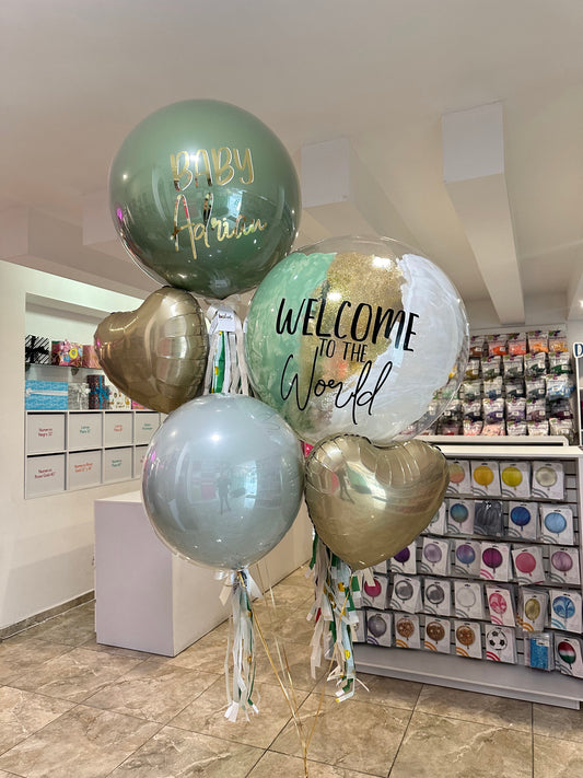 Globo Burbuja con Látex + Globo Burbuja + 1 Orbz + 1 Globo latex 18" + 2 Córazones Metálicos