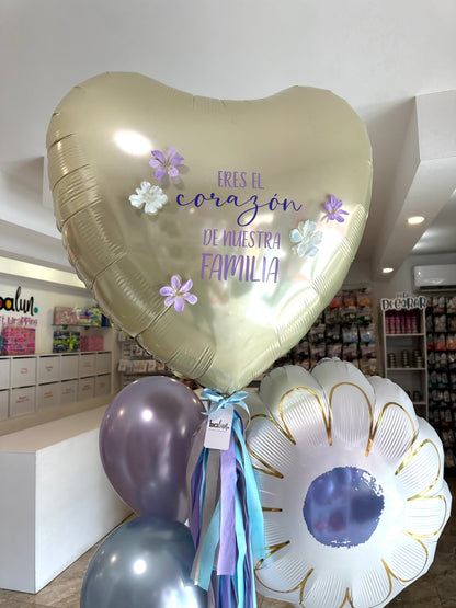 Corazón Jumbo + Florecitas + 2 Globos Látex + 1 Flor Margarita