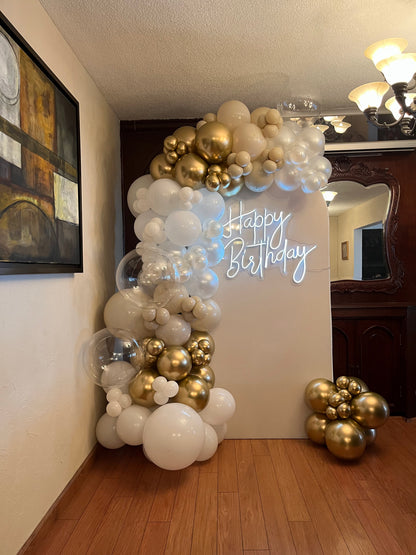 Mampara con Globos + Letrero Neón + Burbujas Transparentes