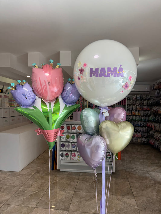 Globo Burbuja + 4 Corazones + 1 Globo Tulipanes