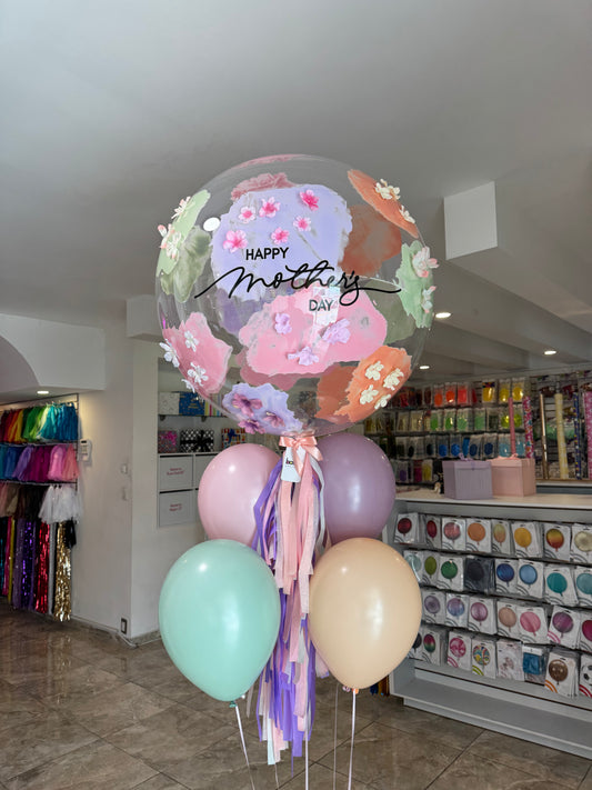 Globo Burbuja con Florecitas + 4 Globos Látex