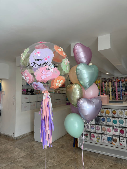 Globo Burbuja con Florecitas + 1 Ramillete de Látex y Corazones